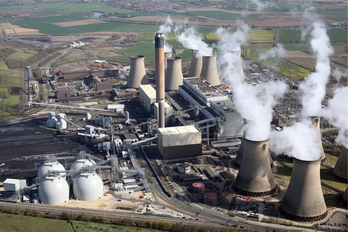 Aerial view showing chimneys of Drax power station 