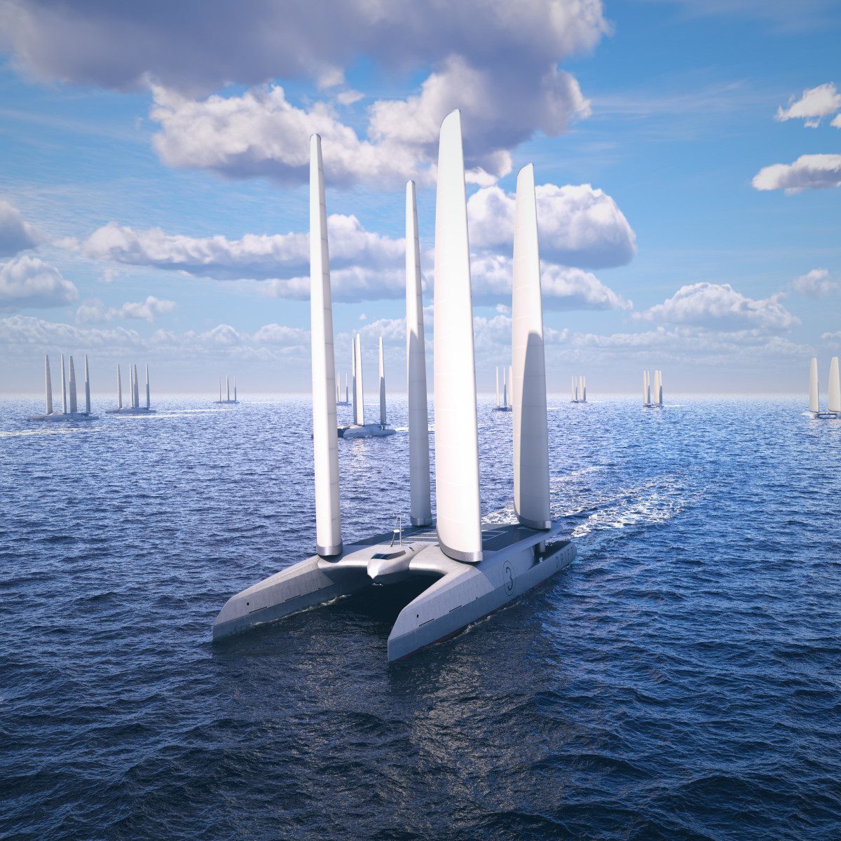 A catamaran-like sailing vessel equipped with square-ish mechanical sails