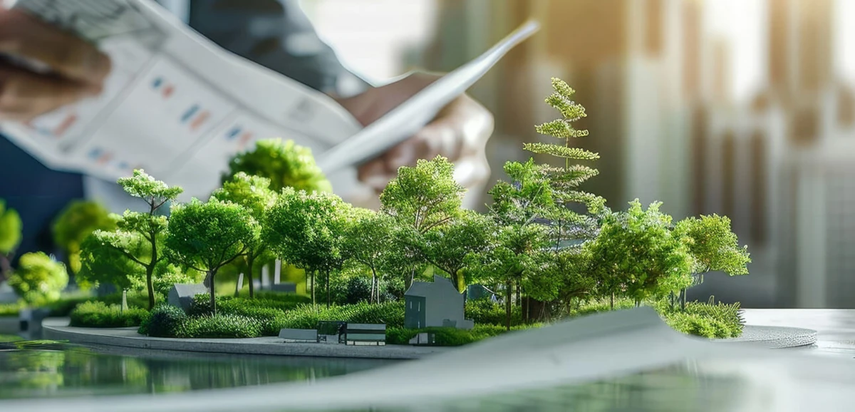 Hands holding a booklet appear blurry in the background, while a miniature forest appears in the foreground